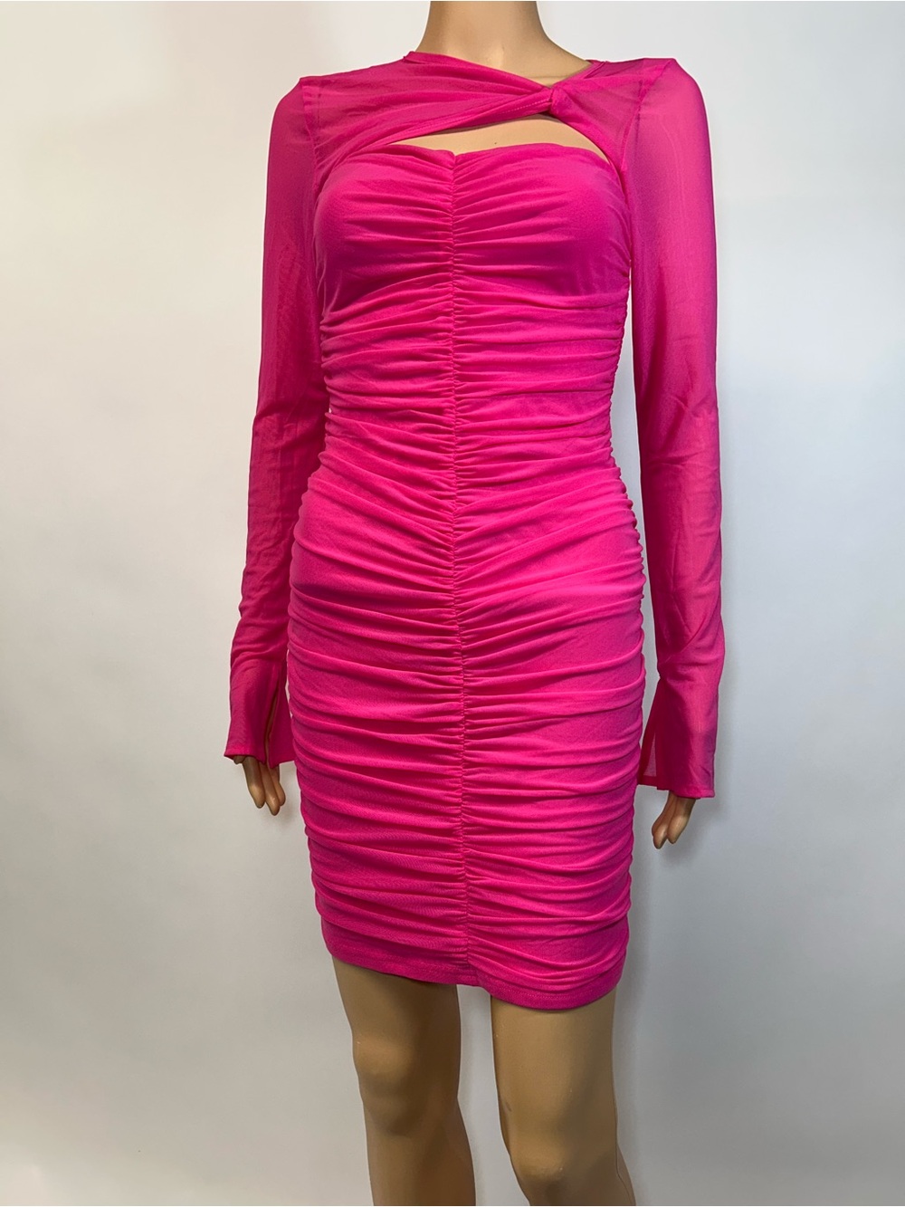 Source Unknown Hot Pink Ruched Long-Sleeve Bodycon Dress